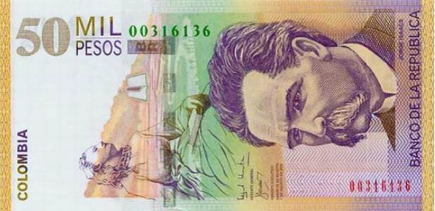 Купюра номиналом 50000 колумбийских песо, лицевая сторона
